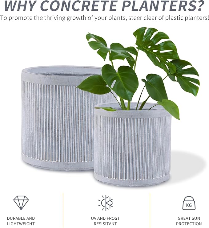 Large Plant Pots Outdoor Garden Trees Indoor Flowers, 30.5cm Round Concrete Planter Plant Containers Suitable for Big Olive Tree with Drainage Holes, Grey Vertical Texture