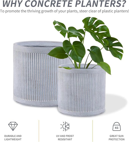 Large Plant Pots Outdoor Garden Trees Indoor Flowers, 30.5cm Round Concrete Planter Plant Containers Suitable for Big Olive Tree with Drainage Holes, Grey Vertical Texture