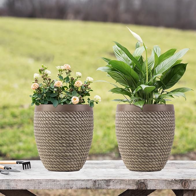 Plant Pots Outdoor Large Planter for Trees, 28.2cm Round Concrete Plant Pot Indoor Garden Plant Containers with Drainage Holes, cBeige