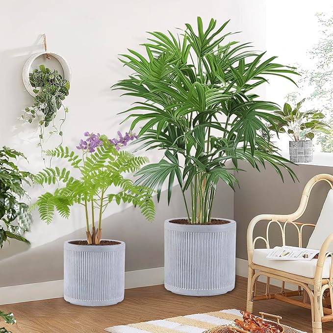 Large Plant Pots Outdoor Garden Trees Indoor Flowers, 30.5cm Round Concrete Planter Plant Containers Suitable for Big Olive Tree with Drainage Holes, Grey Vertical Texture