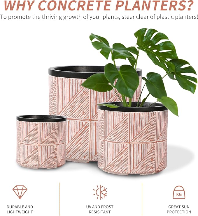 Plant Pots Outdoor Garden Round Flowerpots Indoor, 32cm Large Concrete Planter for Big Olive Trees, Plant Containers with Drainage Holes, Pink